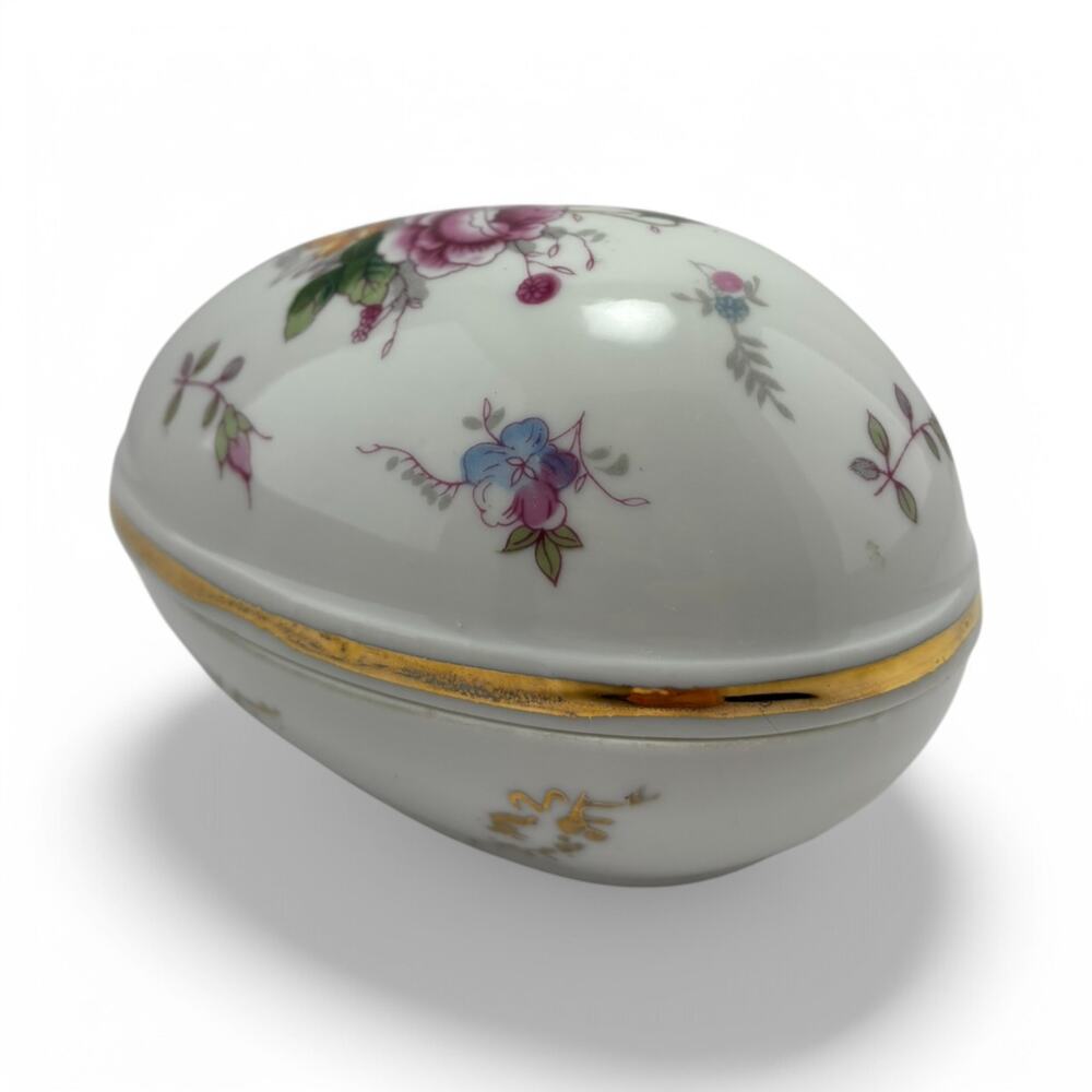 Vintage Shackman Japan Porcelain Egg Trinket Box – Floral & Gold Gilded